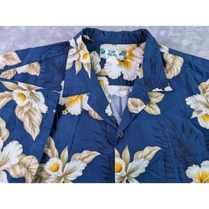 VTG Two Palms Mens 2XL Hawaiian Shirt Navy Blue White Hibiscus Floral Hawaii USA